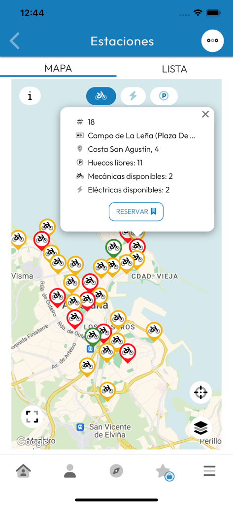 App Coruña - Interface do mapa App Coruña mostrando locais e disponibilidade de estações de compartilhamento de bicicletas da cidade.