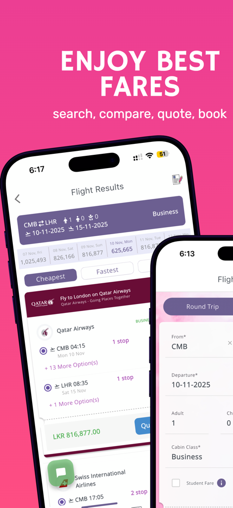 Ticket Gadget - Mobile app interface of Ticket Gadget showing flight results with pricing and airline options for travel agents