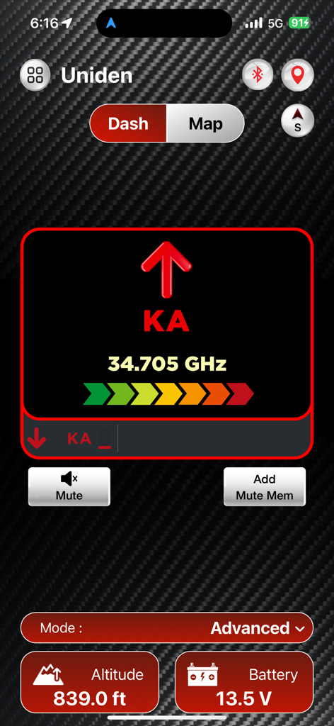 Uniden R/TACH - Uniden R/TACH app dashboard showing a real-time KA band radar alert and vehicle telemetry data
