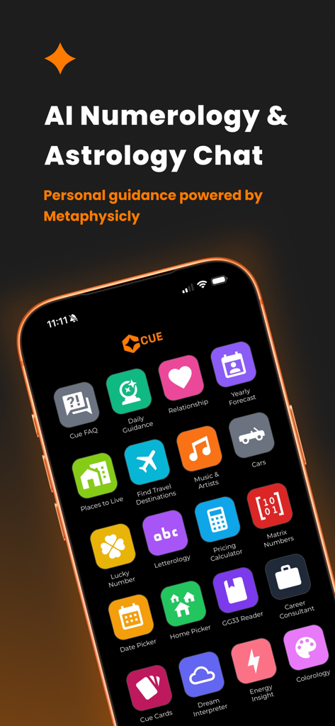 CUE占星術アプリのダッシュボード。AI数秘術と戦略的ユーティリティツールを表示。