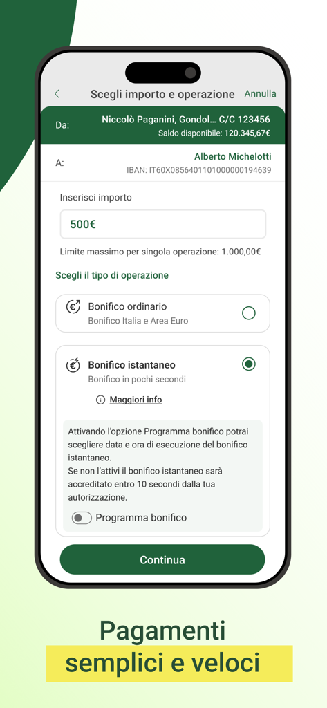 Credem Banca mobile app interface for setting up an instant bank transfer