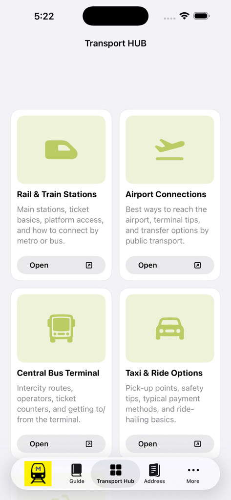 Busan Subway Map - Transport Hub screen showing Busan travel options for rail, airport connections, bus terminal, and taxi services.