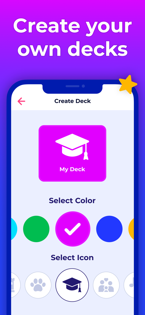 Guess Up Kids 앱에서 아이콘 및 색상 선택과 함께 사용자 지정 몸으로 말해요 덱 생성 인터페이스