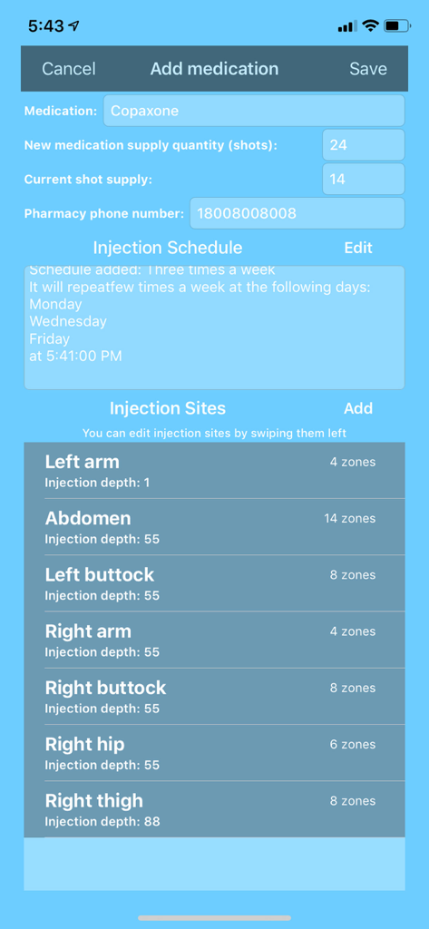 Injection Reminder - Interface for adding medication details, injection schedules, and selecting injection sites.