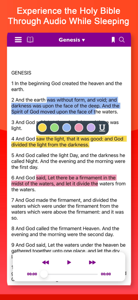 Bible: Read KJV, Study & Audio - Interface of the Bible KJV app showing highlighted verses in Genesis and an integrated audio player