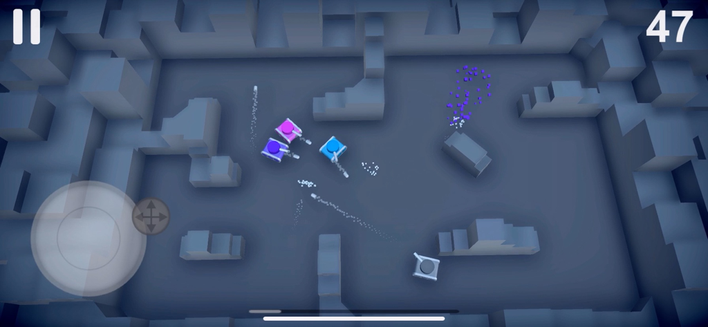 A top down view of small colorful tanks engaging in combat within a low poly grey maze arena
