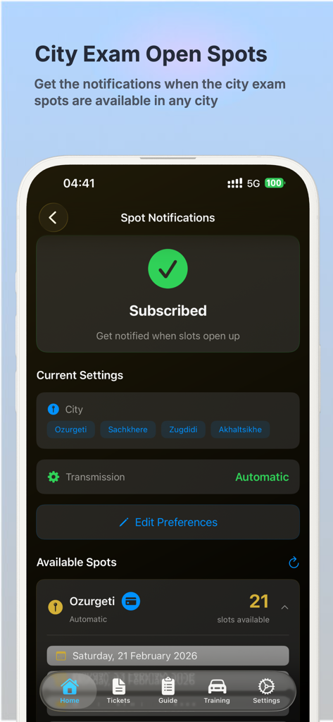 DriveX - Driver's License Exam - Schermata dell'app DriveX che mostra gli slot disponibili per l'esame di guida e le impostazioni di notifica per le città georgiane