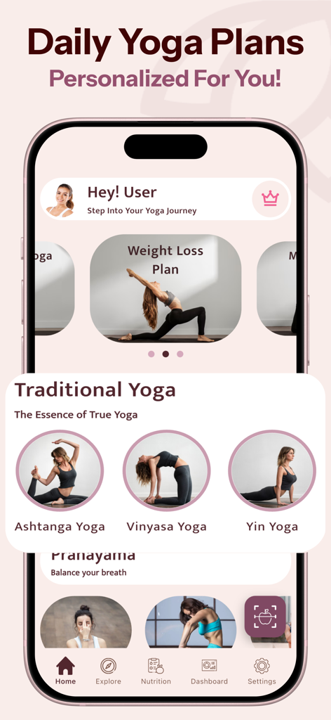 Yoga for Beginners - Workout - 개인 맞춤형 일일 요가 계획과 아쉬탕가, 빈야사 같은 전통적인 요가 스타일을 보여주는 모바일 앱 인터페이스