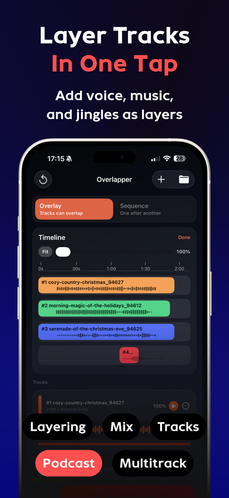Interfaz de la aplicación Overlapper que muestra una línea de tiempo multipista para superponer voz y música