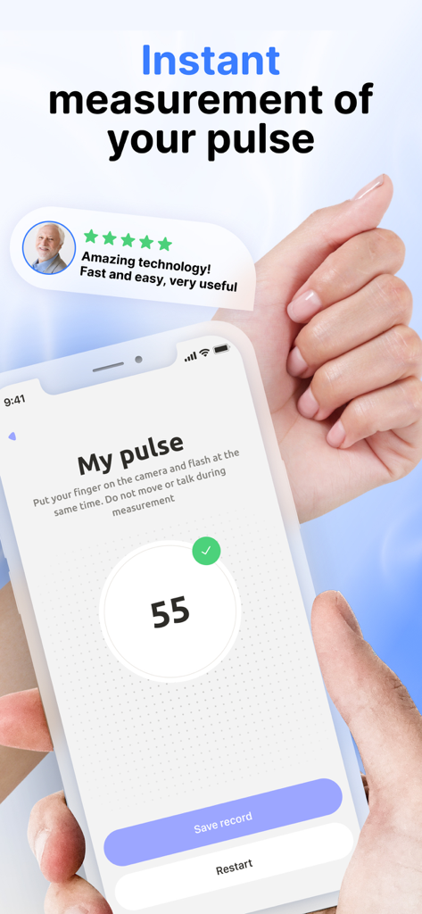 iPhone screen displaying a pulse reading of 55 beats per minute with a customer review about its technology.