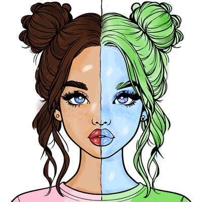 realistic girl with two buns in hair and lips