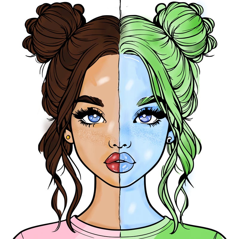 realistic girl with two buns in hair and lips