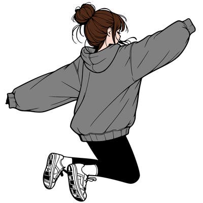 realistic girl jumping with a bun and oversized sweatshirt
