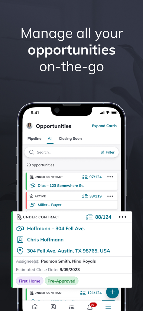 KW Command app interface showing real estate deal tracking and opportunity management