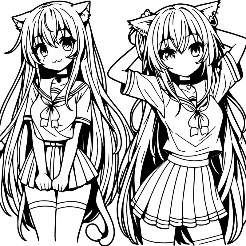 anime girl with very long hair with a cat shirt and a short skirt