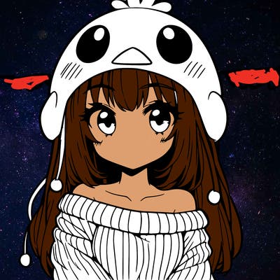 anime girl with chick shaped hat with sweater with bare shoulders with bangs covering them one eye with low tail