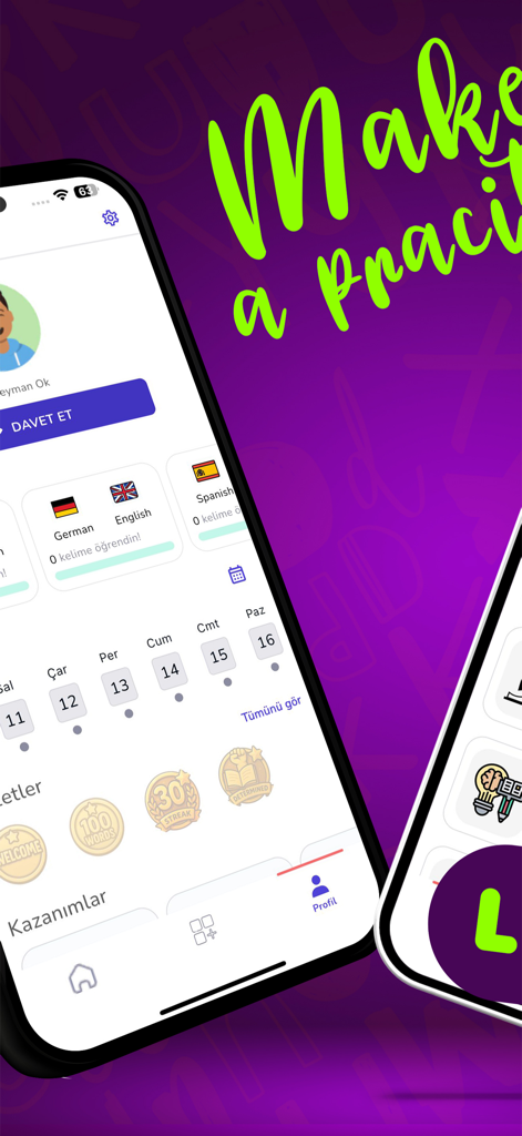 Learn Words Daily on Widget - A mobile app profile screen showing language learning progress and achievement badges for vocabulary goals
