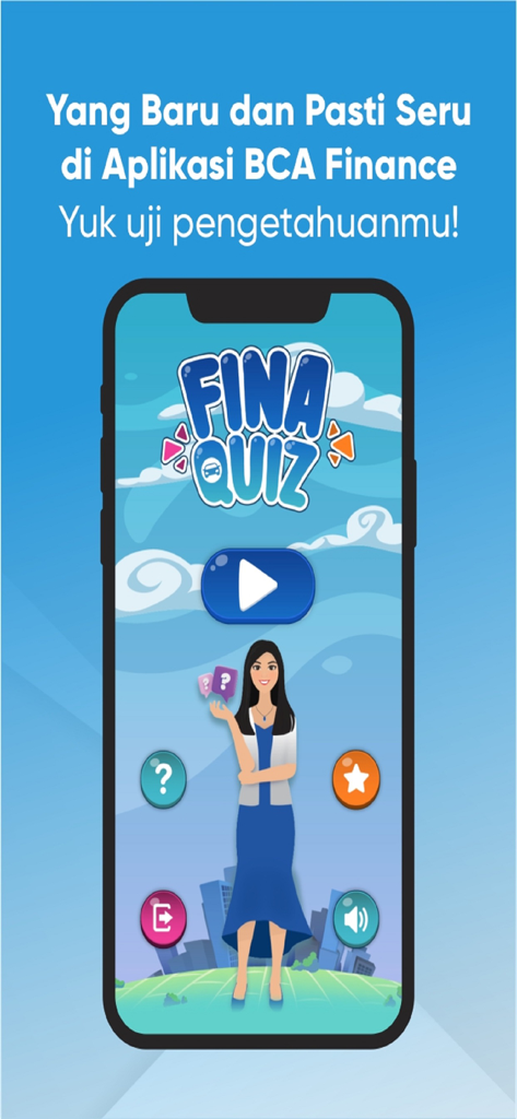 BCA Finance - BCA Finance app interactive Fina Quiz feature screen with a cartoon avatar