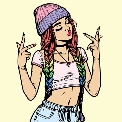 realistic teenage girl with braids and a beanie and crop top doing 🫶🏼