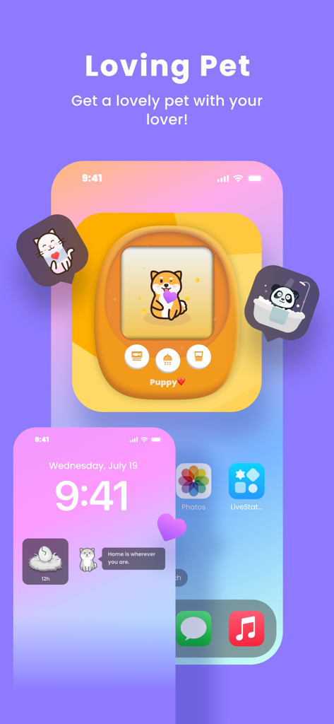 LiveStatus - App for couples - A smartphone screen showing the LiveStatus virtual pet widget for couples with a cute puppy