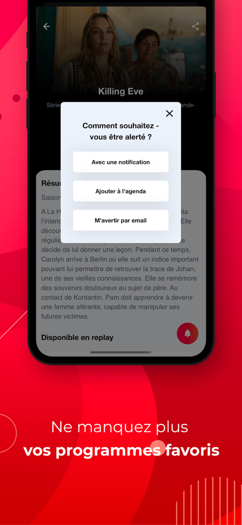 Programme TV Télé-Loisirs - Interface mobile montrant les options de notification et d'alerte calendrier dans l'application Tele-Loisirs.