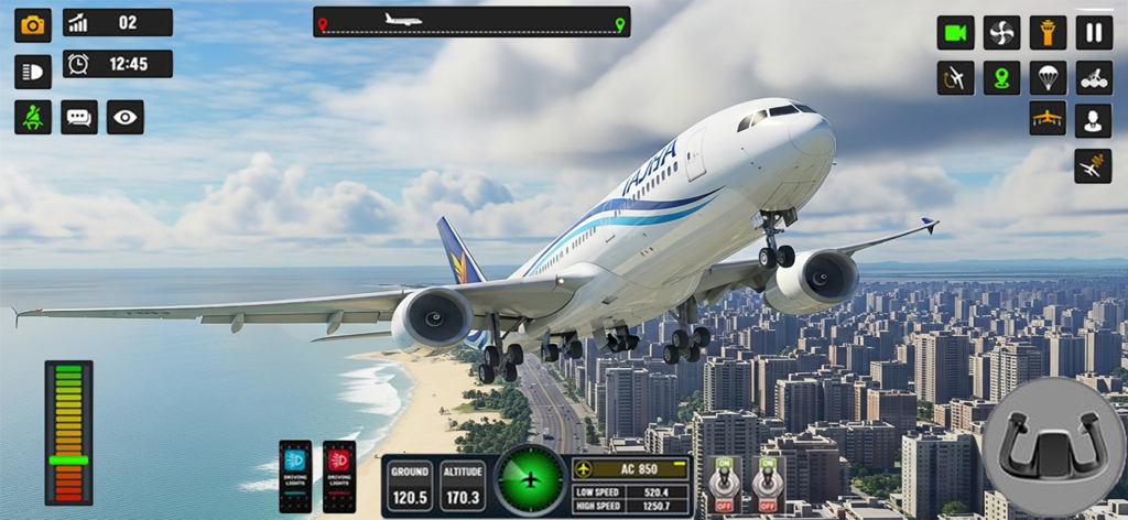 Flight Pilot Sky Airplane Game - A passenger jet flying over a coastal city with a flight simulator interface
