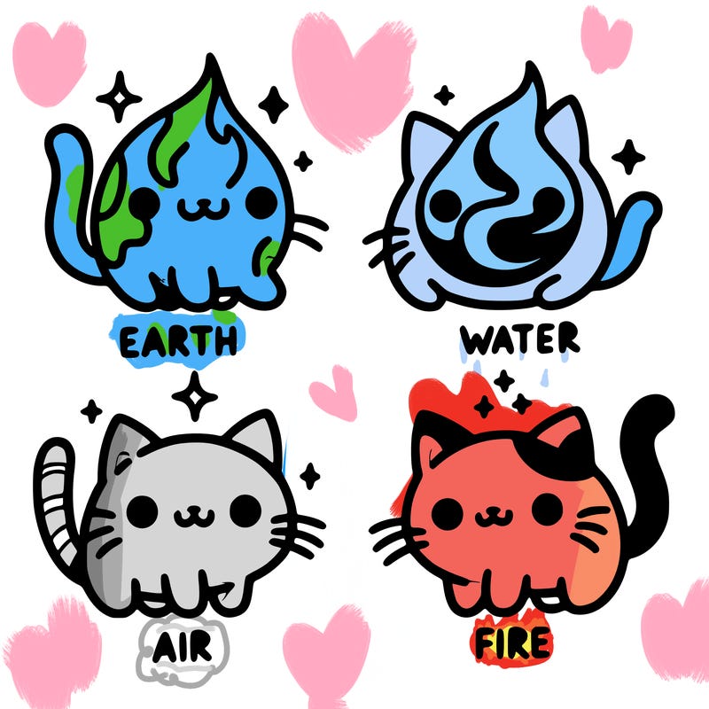 4 cats that represent the different elements, earth, water, air, and fire