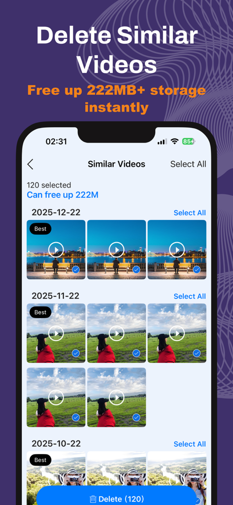 SmartClean: AI Photo & Storage - SmartClean app interface showing how to delete similar videos and free up storage space on an iPhone