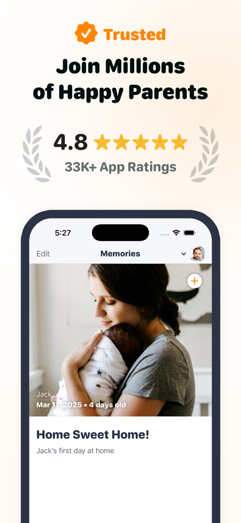 A promotional image for Baby Tracker App by Sprout showing a 4.8-star rating and a newborn memory entry with a mother holding her baby.