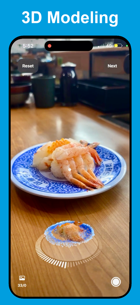 AR Code Object Capture 3D Scan - iPhone interface showing the 3D scanning process of a sushi plate using AR Code Object Capture technology