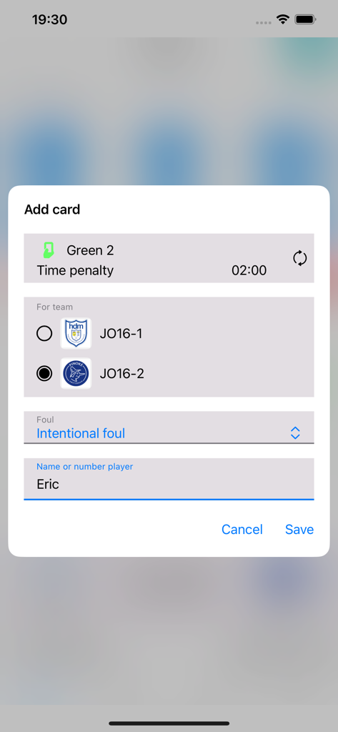 Whistle Time - Schermata dell'app Whistle Time per aggiungere un cartellino e tracciare i falli dei giocatori durante una partita sportiva