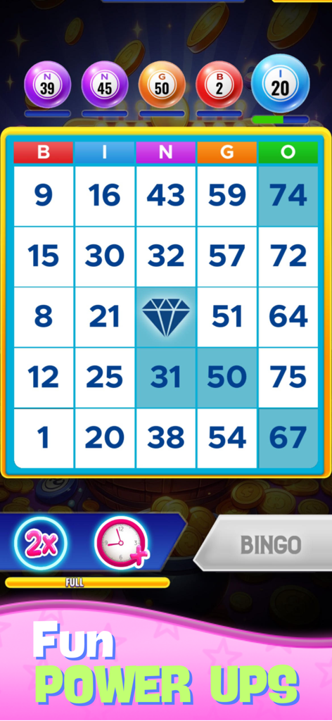 Jackpot Bingo - Win Real Money - Gameplay screenshot of Jackpot Bingo showing a digital bingo card and various game power-ups