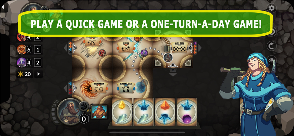 Gem Rush Strategy Board Game interface showing quick and asynchronous play options