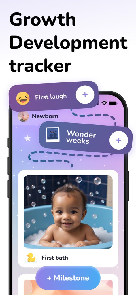 Cry Analyzer + Baby Translator - A interface do rastreador de crescimento e desenvolvimento do aplicativo AYA mostrando registros de marcos como o primeiro banho e a primeira risada.