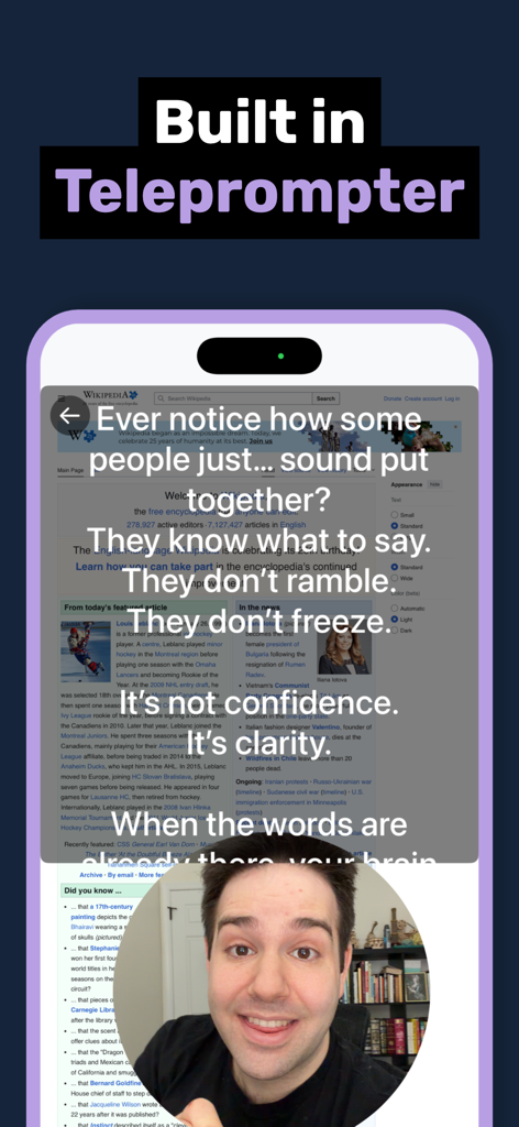 Face Cam Screen Recorder Pro - Tela do smartphone mostrando a sobreposição de teleprompter integrado com texto de roteiro e uma câmera frontal circular de uma pessoa gravando.