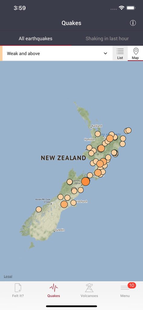 Map of New Zealand showing recent earthquake activity with intensity markers in the GeoNet Quake app.