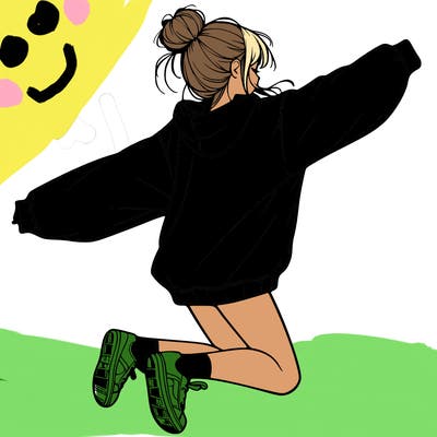 realistic girl jumping with a bun and oversized sweatshirt