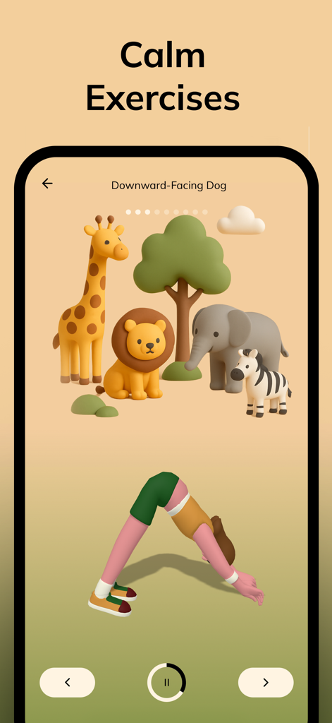 Kids Yoga, Workout & Exercise - Kids yoga app screen showing a child performing the downward-facing dog pose alongside cute 3D safari animals