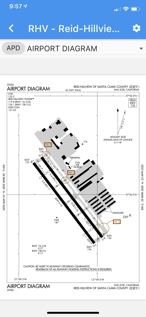 Approach Charts - 접근 차트 모바일 앱에 표시된 Reid-Hillview 공항의 FAA 공항 다이어그램