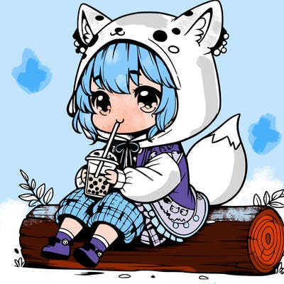 a cute anime realistic girl who is wearing a cute fox onesie and is drinking boba sitting on a log