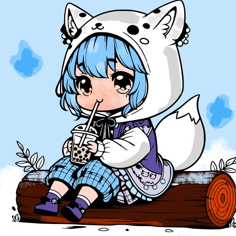 a cute anime realistic girl who is wearing a cute fox onesie and is drinking boba sitting on a log