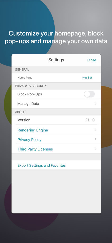 Citrix Secure Web settings menu showing privacy and security options like pop-up blocking and data management.