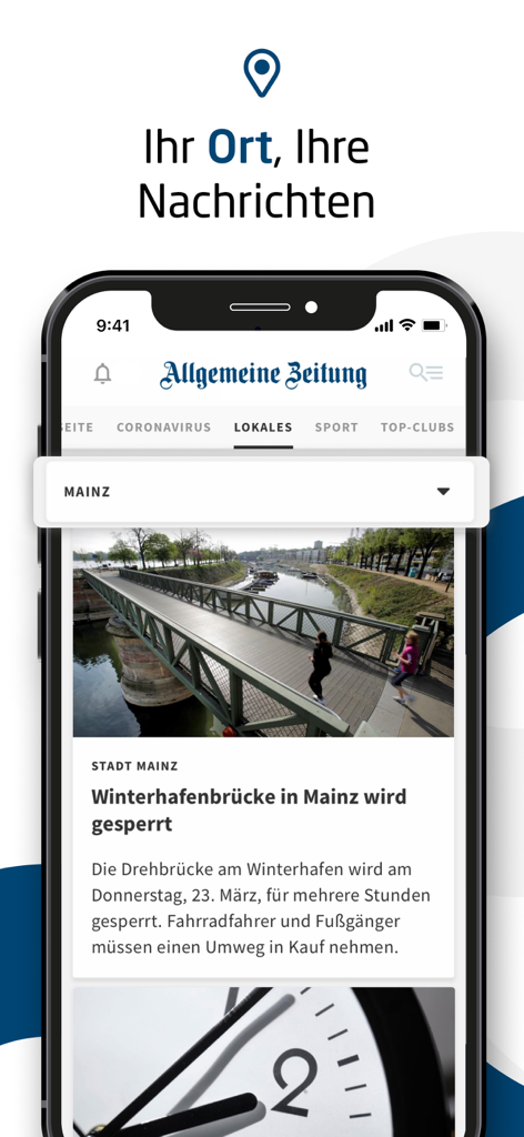 AZ News-App interface showing hyper-local news from Mainz Germany