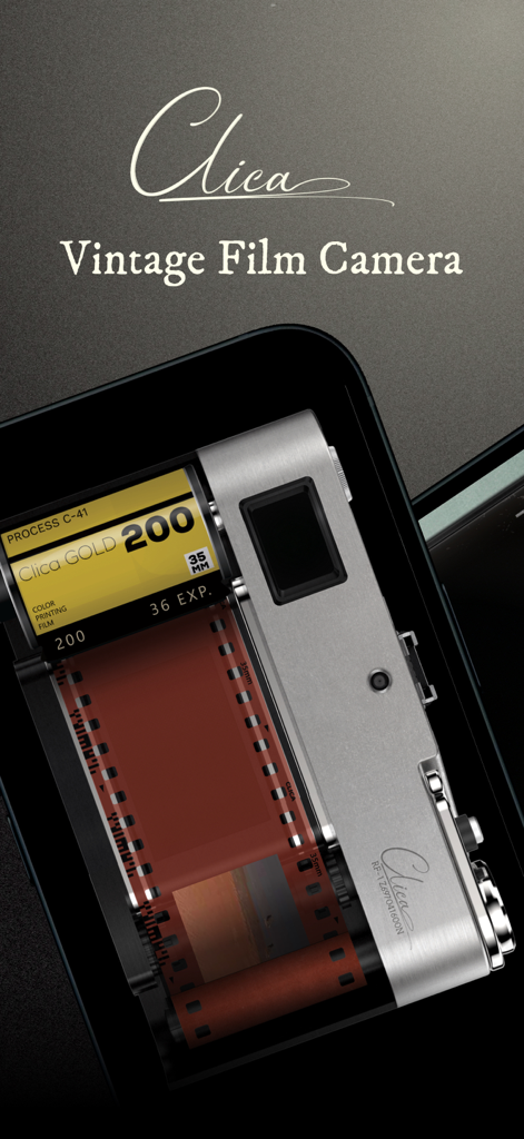 Clica - Authentic Film Camera - Clica app interface showing a realistic virtual 35mm film roll inside a vintage rangefinder camera