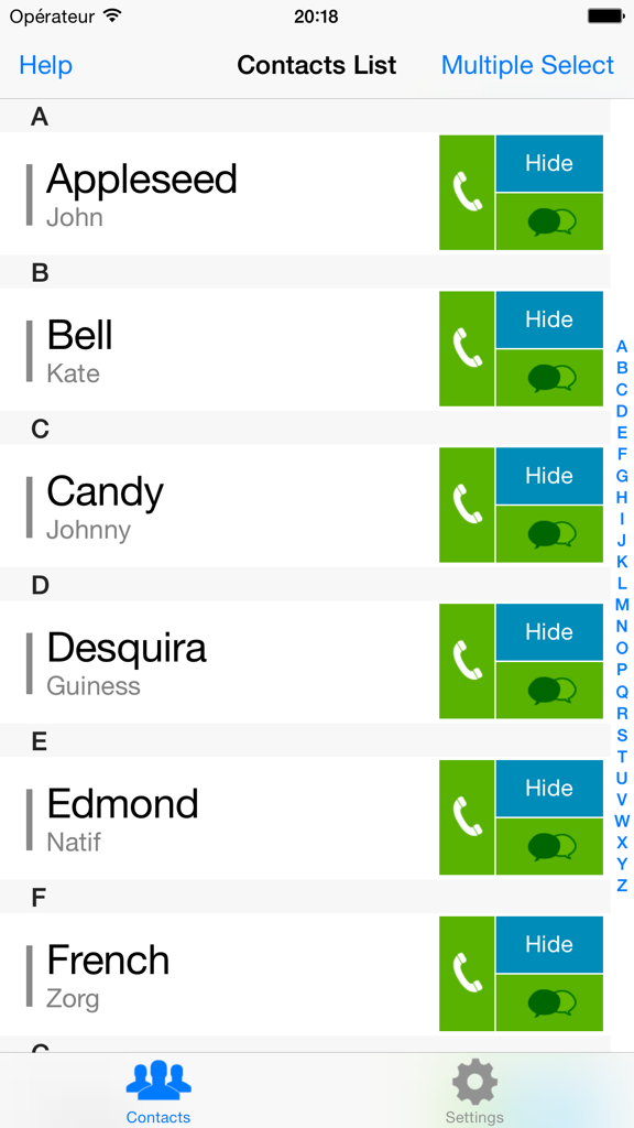 Hide my phone number - Contacts list interface in the Hide my phone number app showing options to toggle privacy settings for individual callers