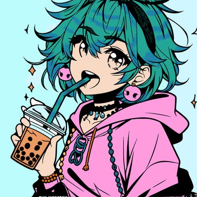 hot baddie anime girl drinking boba and biting the straw