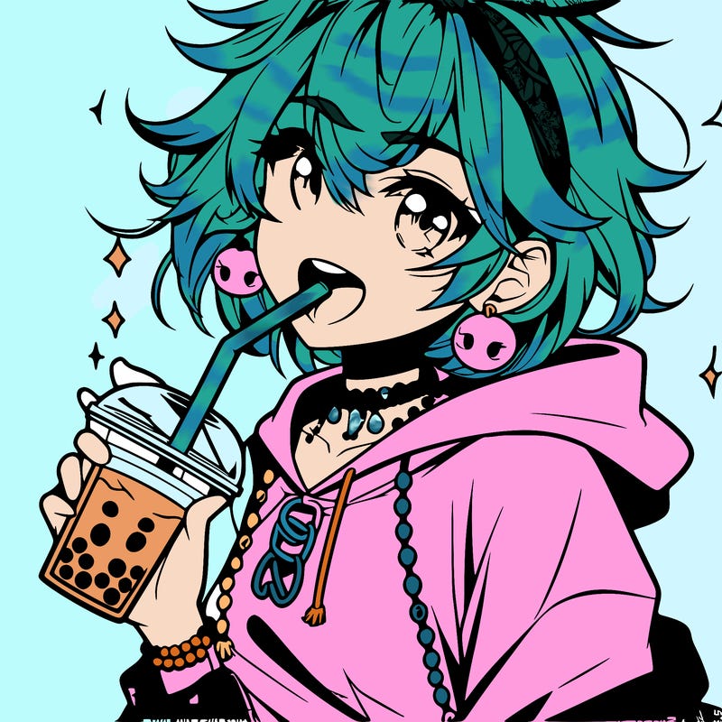 hot baddie anime girl drinking boba and biting the straw