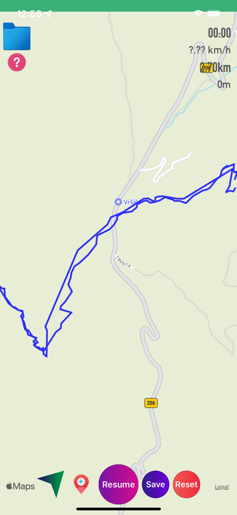 Map interface showing a blue GPS track line with tracking controls for resume and save