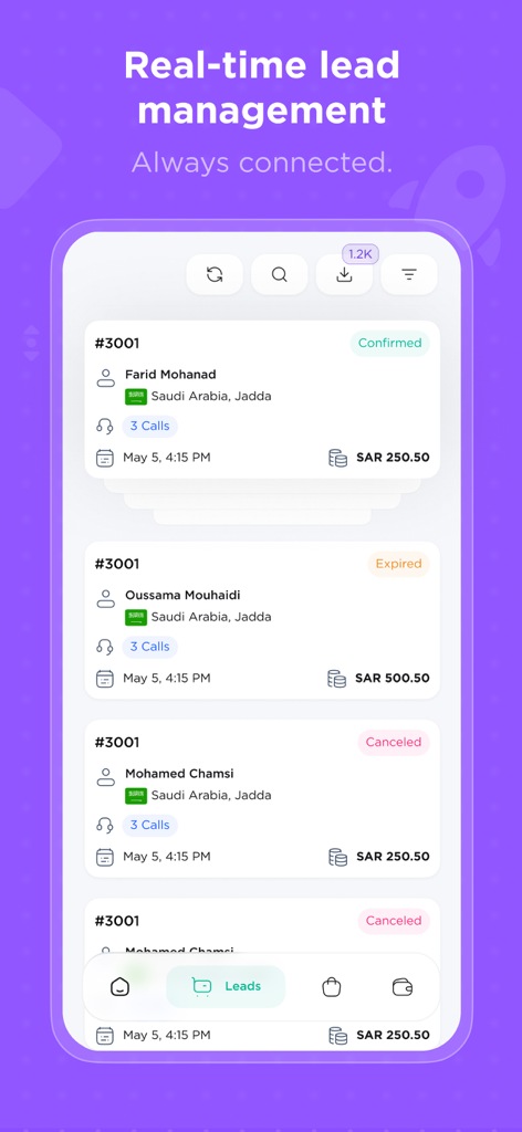 COD Partner - Dashboard of COD Partner app displaying real-time lead management and order status