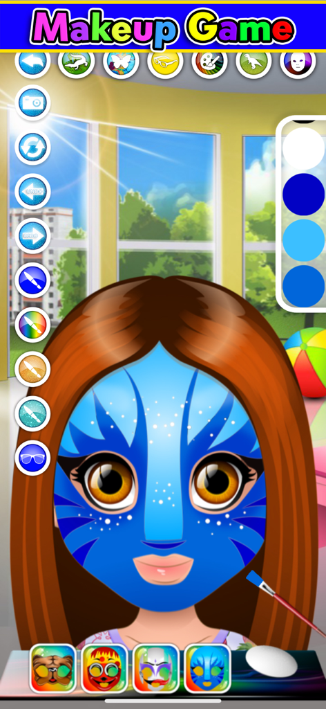 Kids Face Paint: Coloring Game - Un personaje femenino con pintura facial azul y purpurina en un juego digital de colorear y maquillaje para niños.
